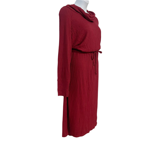 AnyBody Sz 1X Cowl-Neck Dress Drawstring Waist Rib Knit Garnet Red A623540 - Picture 2 of 13